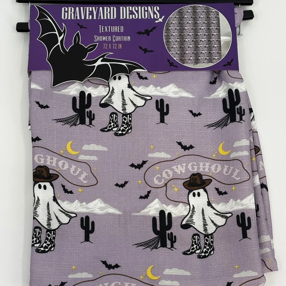 Graveyard Designs Shower Curtain Unisex 72x72 Purple Cowghoul Ghost Western Bat